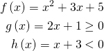  \begin{aligned}f\left( x\right) =x^{2}+3x+5 \\ g\left( x\right) =2x+1\geq 0 \\ h\left( x\right) =x+3 <0\end{aligned} 
