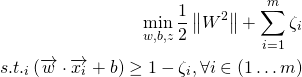 \begin{aligned}\min _{w,b,z}\dfrac {1}{2}\left\| W^{2}\right\| +\sum ^{m}_{i=1}\zeta_{i}\\ s.t. \y_{i}\left( \overrightarrow {w} \cdot \overrightarrow{x_i}+b\right) \geq 1-\zeta_{i},\forall i\in \left( 1\ldots m\right) \end{aligned}